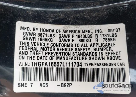 2007 Honda Civic Lx из США, поврежденный, VIN 1HGFA16557L111704